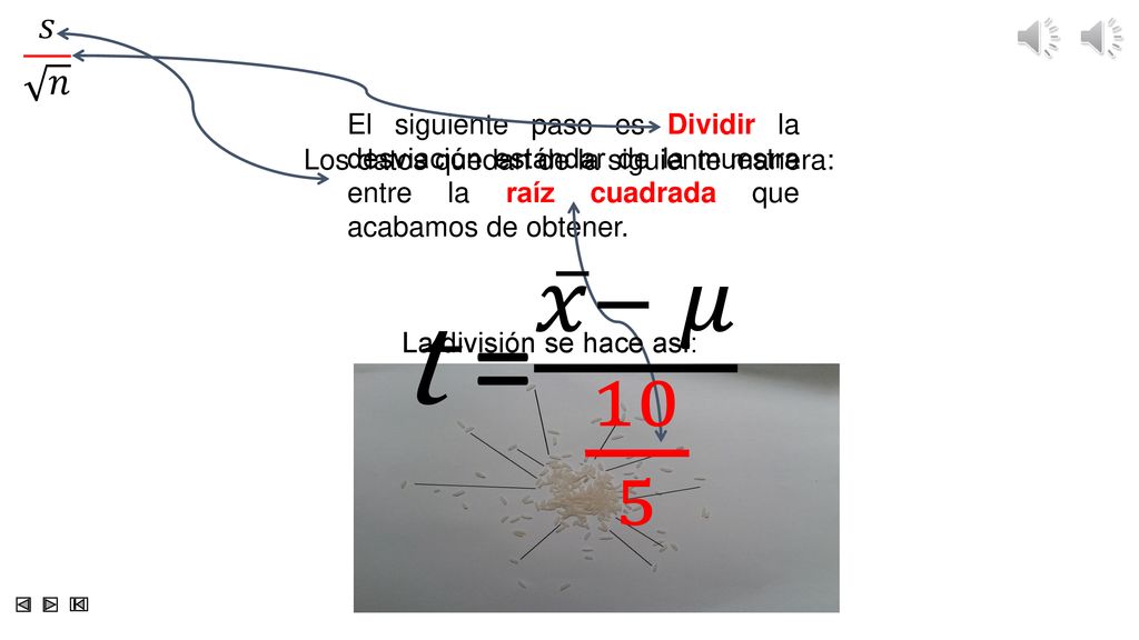 𝑠 𝑛 El siguiente paso es Dividir la desviación estándar de la muestra entre la raíz cuadrada que acabamos de obtener.