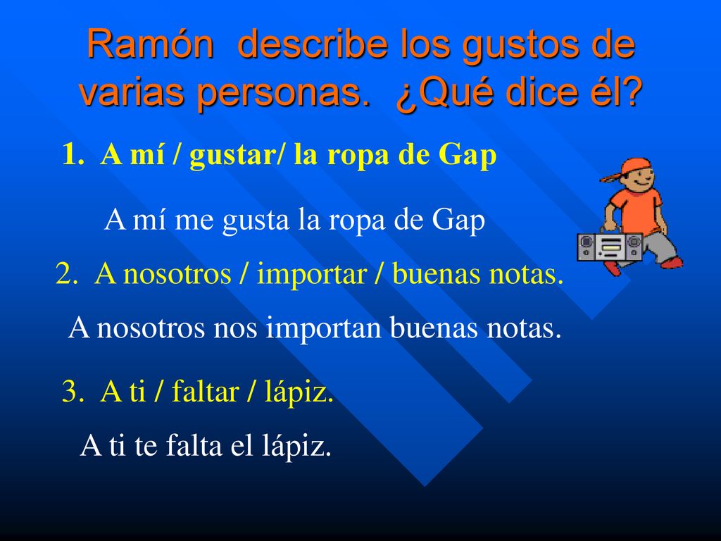 Ramón describe los gustos de varias personas. ¿Qué dice él