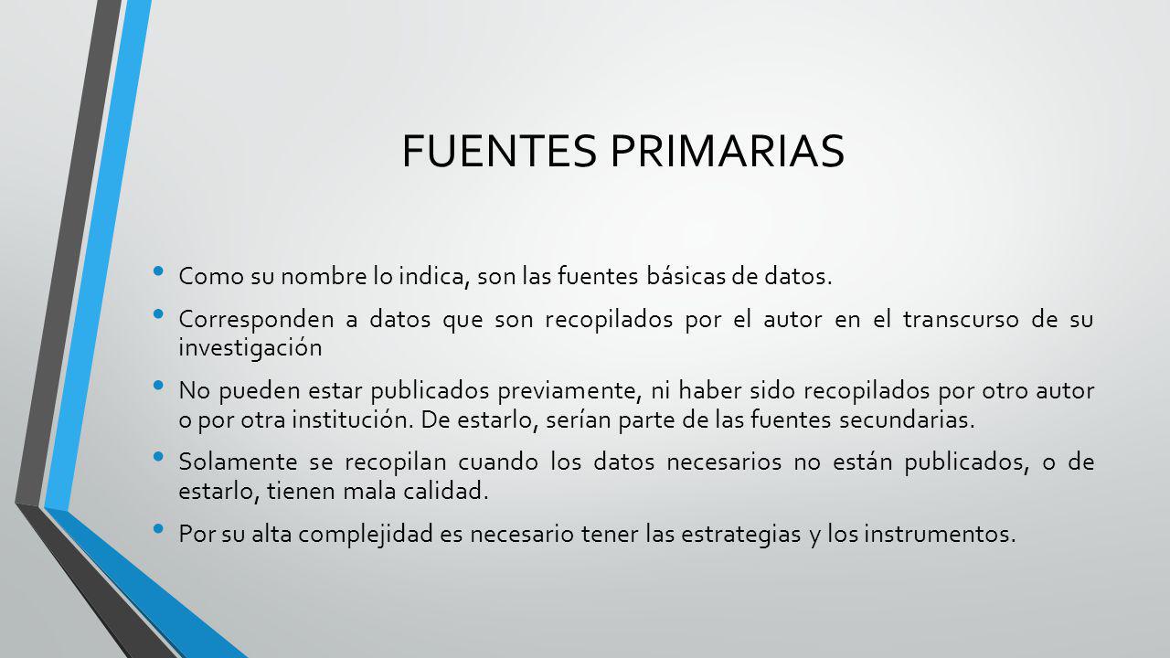 FUENTES PRIMARIAS Como su nombre lo indica, son las fuentes básicas de datos.