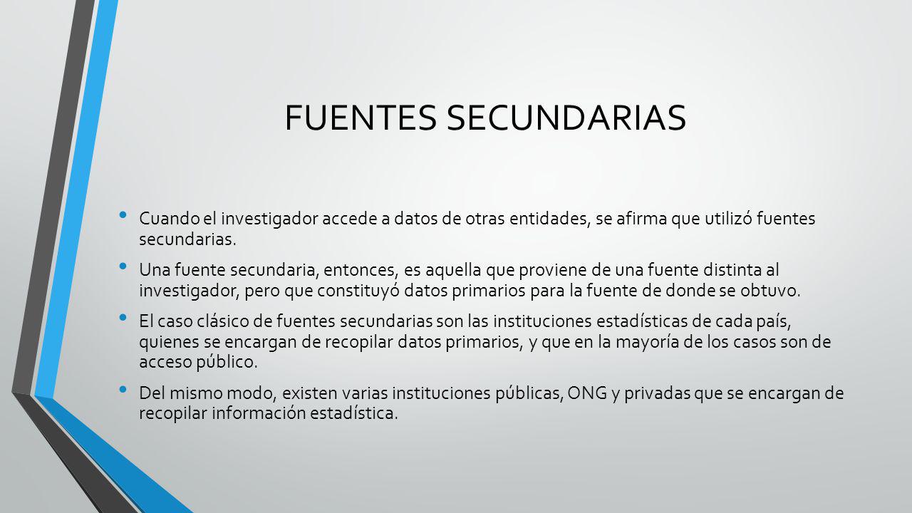 FUENTES SECUNDARIAS Cuando el investigador accede a datos de otras entidades, se afirma que utilizó fuentes secundarias.