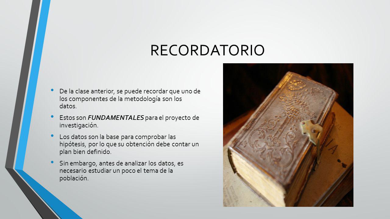 RECORDATORIO De la clase anterior, se puede recordar que uno de los componentes de la metodología son los datos.