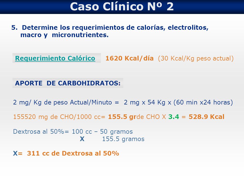 Caso Clínico Nº 2 5. Determine los requerimientos de calorías, electrolitos, macro y micronutrientes.