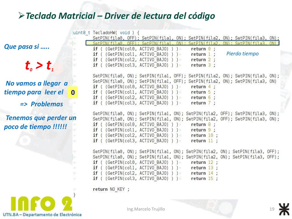 t0 > t1 Teclado Matricial – Driver de lectura del código
