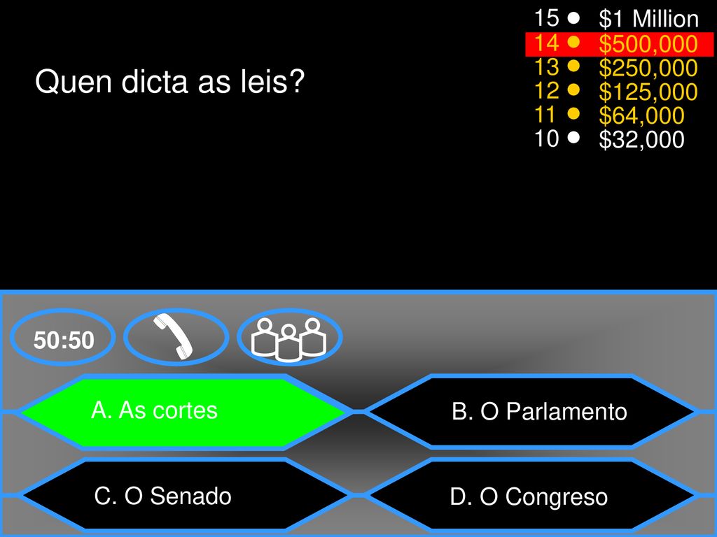 Quen dicta as leis 15 $1 Million 14 $500, $250, $125,000