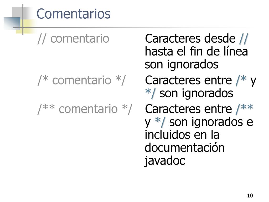 Comentarios // comentario Caracteres desde // hasta el fin de línea son ignorados.