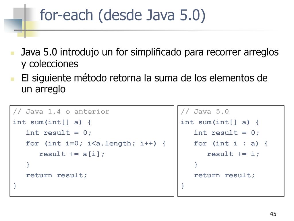 for-each (desde Java 5.0) Java 5.0 introdujo un for simplificado para recorrer arreglos y colecciones.