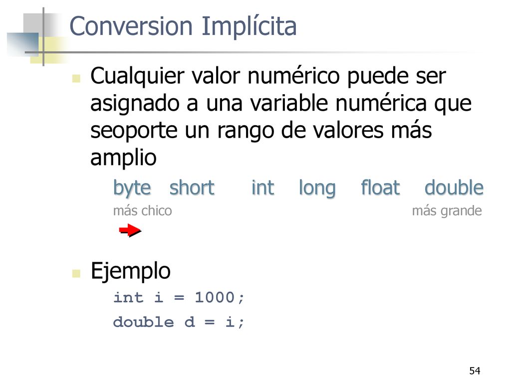 Conversion Implícita Cualquier valor numérico puede ser asignado a una variable numérica que seoporte un rango de valores más amplio.