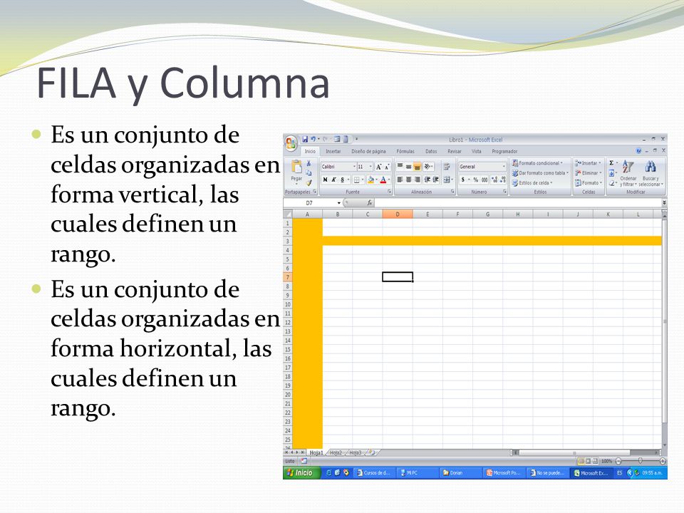 FILA y Columna Es un conjunto de celdas organizadas en forma vertical, las cuales definen un rango.