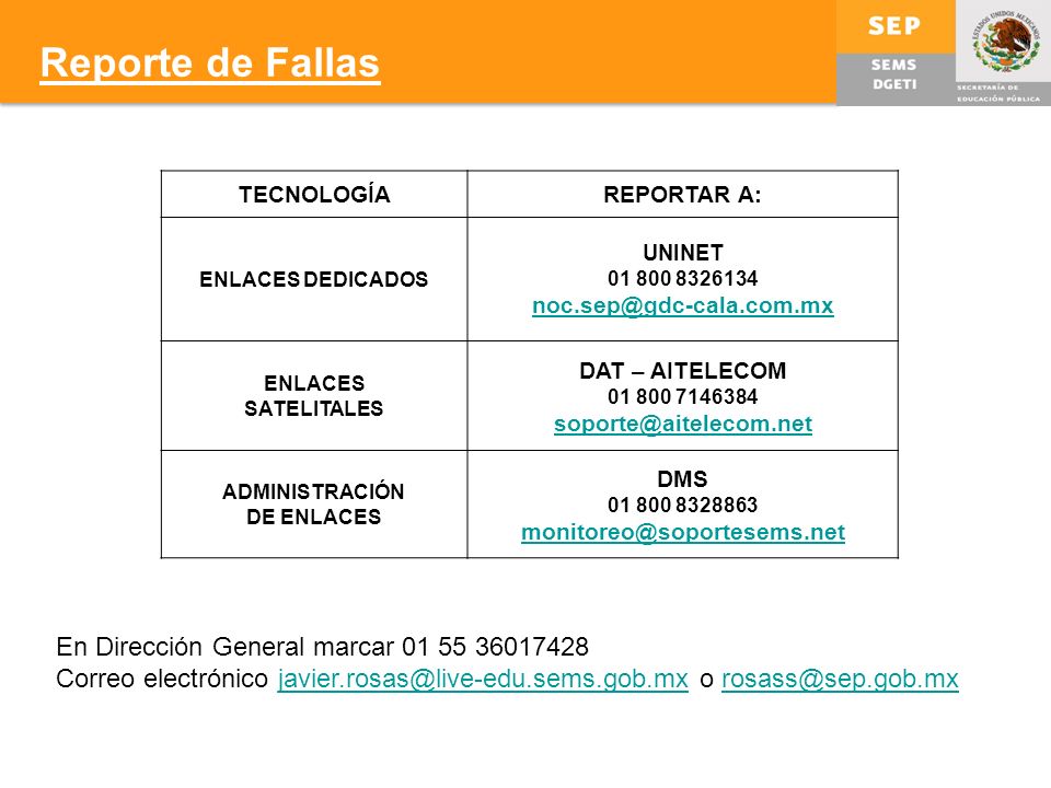 Reporte de Fallas En Dirección General marcar