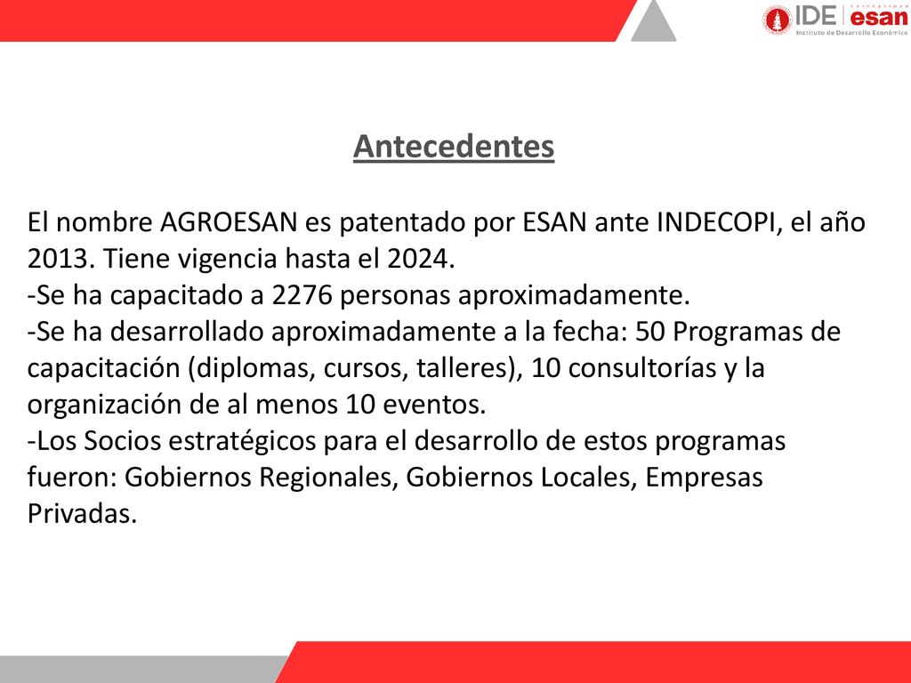Antecedentes El nombre AGROESAN es patentado por ESAN ante INDECOPI, el año Tiene vigencia hasta el