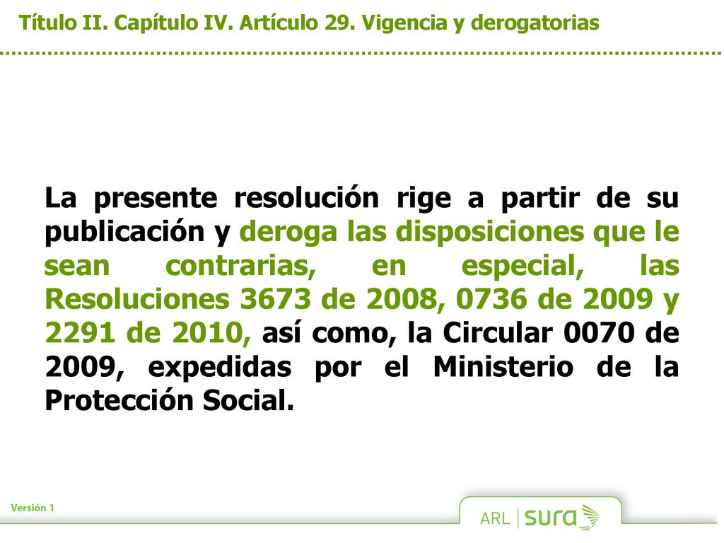 Título II. Capítulo IV. Artículo 29. Vigencia y derogatorias