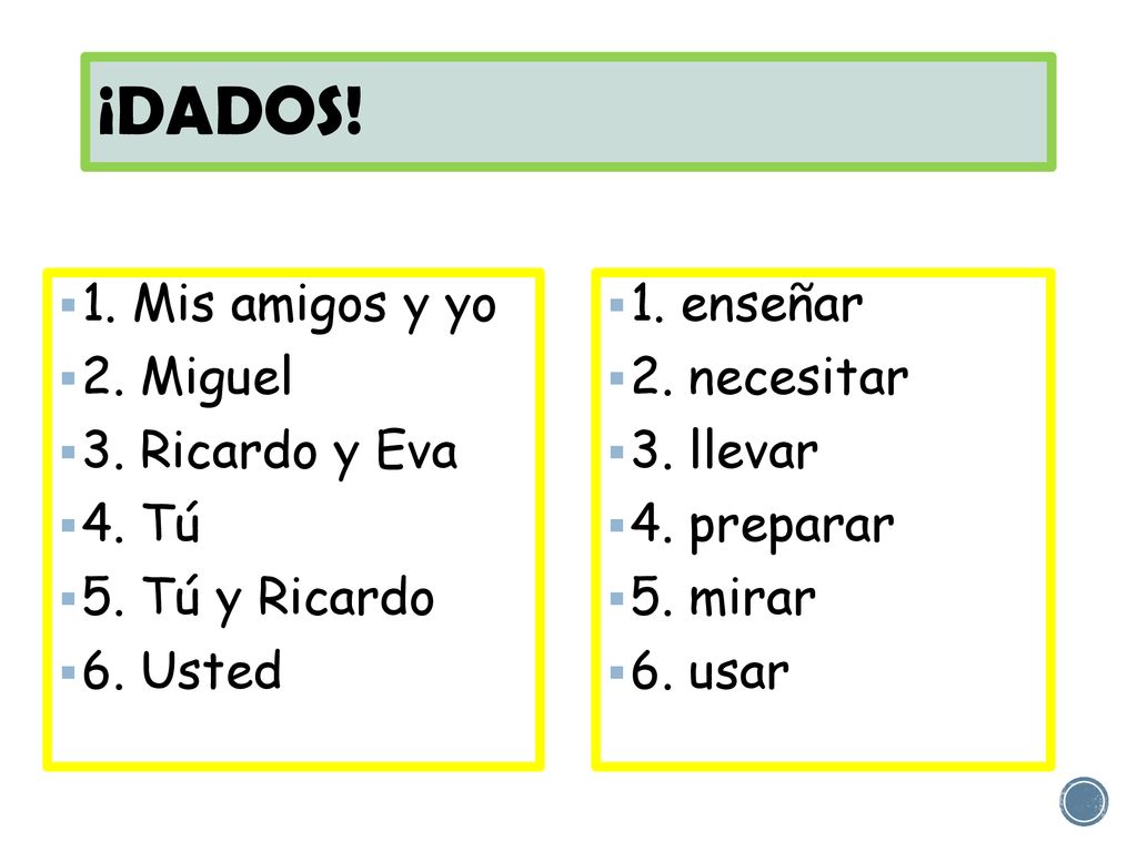 ¡DADOS! 1. Mis amigos y yo 2. Miguel 3. Ricardo y Eva 4. Tú