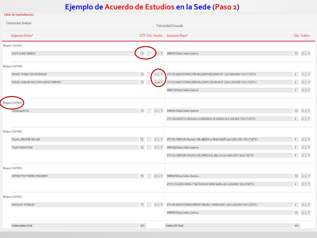 Ejemplo de Acuerdo de Estudios en la Sede (Paso 2)
