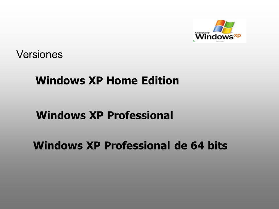 Versiones Windows XP Home Edition Windows XP Professional Windows XP Professional de 64 bits