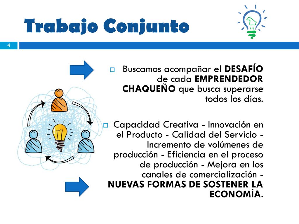 Trabajo Conjunto Buscamos acompañar el DESAFÍO de cada EMPRENDEDOR CHAQUEÑO que busca superarse todos los días.