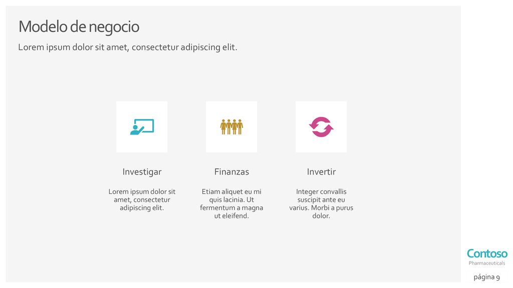 Modelo de negocio Lorem ipsum dolor sit amet, consectetur adipiscing elit. Investigar. Finanzas. Invertir.