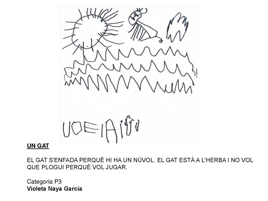 UN GAT EL GAT S ENFADA PERQUÈ HI HA UN NÚVOL. EL GAT ESTÀ A L HERBA I NO VOL QUE PLOGUI PERQUÈ VOL JUGAR.