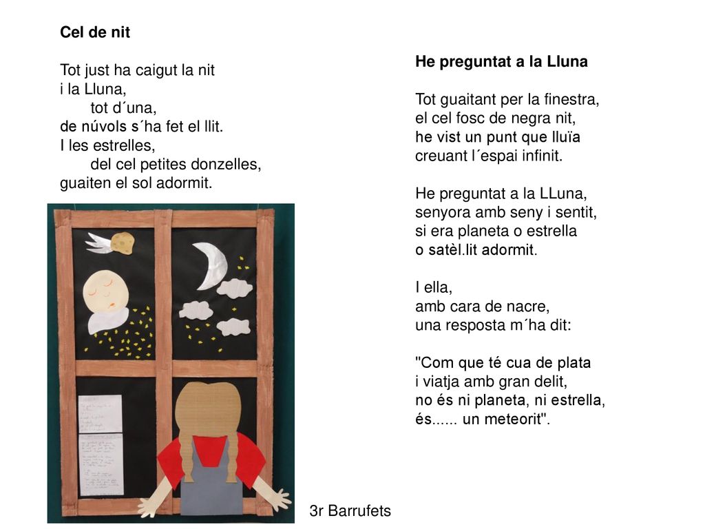 Cel de nit Tot just ha caigut la nit. i la Lluna, tot d´una, de núvols s´ha fet el llit. I les estrelles,