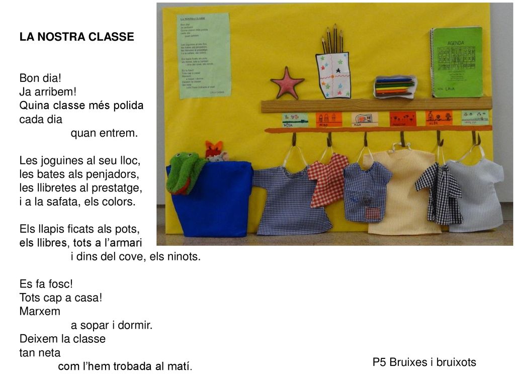 LA NOSTRA CLASSE Bon dia! Ja arribem! Quina classe més polida. cada dia. quan entrem. Les joguines al seu lloc,