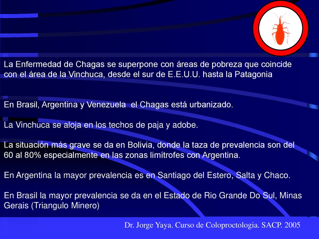La Enfermedad de Chagas se superpone con áreas de pobreza que coincide con el área de la Vinchuca, desde el sur de E.E.U.U. hasta la Patagonia En Brasil, Argentina y Venezuela el Chagas está urbanizado. La Vinchuca se aloja en los techos de paja y adobe. La situación más grave se da en Bolivia, donde la taza de prevalencia son del 60 al 80% especialmente en las zonas limítrofes con Argentina. En Argentina la mayor prevalencia es en Santiago del Estero, Salta y Chaco. En Brasil la mayor prevalencia se da en el Estado de Rio Grande Do Sul, Minas Gerais (Triangulo Minero)