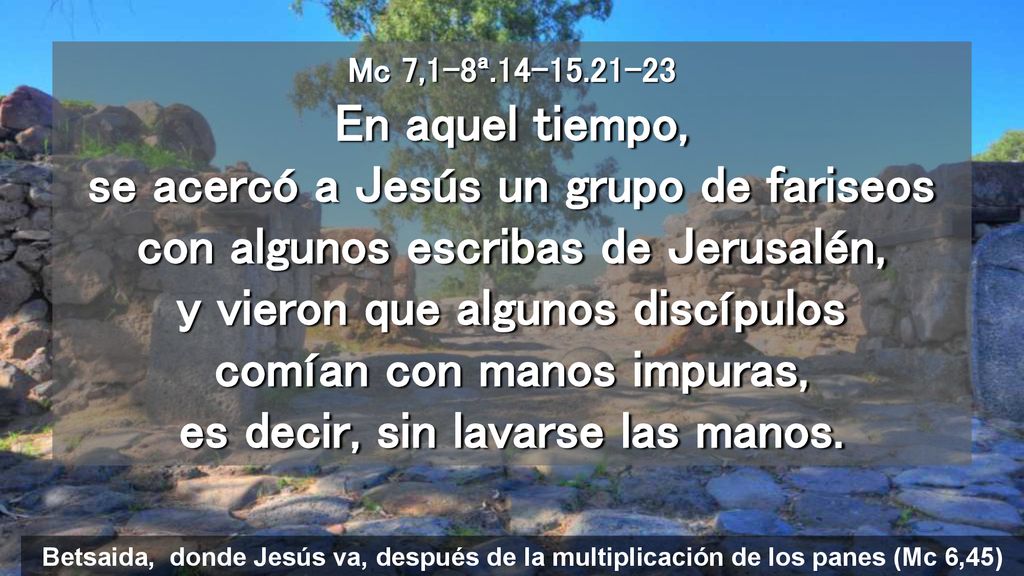 Mc 7,1-8ª En aquel tiempo, se acercó a Jesús un grupo de fariseos con algunos escribas de Jerusalén, y vieron que algunos discípulos comían con manos impuras, es decir, sin lavarse las manos.