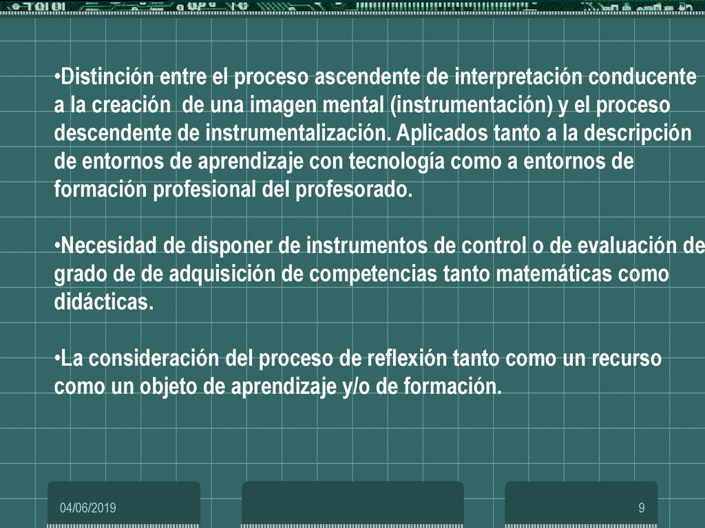 Distinción entre el proceso ascendente de interpretación conducente a la creación de una imagen mental (instrumentación) y el proceso descendente de instrumentalización. Aplicados tanto a la descripción de entornos de aprendizaje con tecnología como a entornos de formación profesional del profesorado.