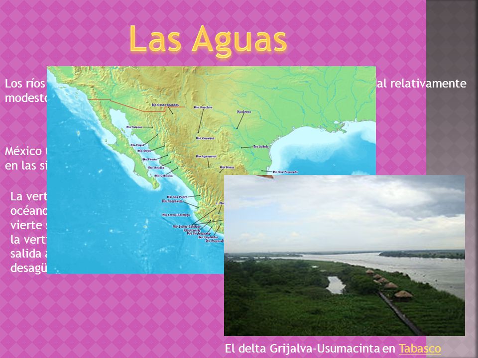 Las Aguas Los ríos mexicanos son en general cortos, innavegables y con un caudal relativamente modesto.
