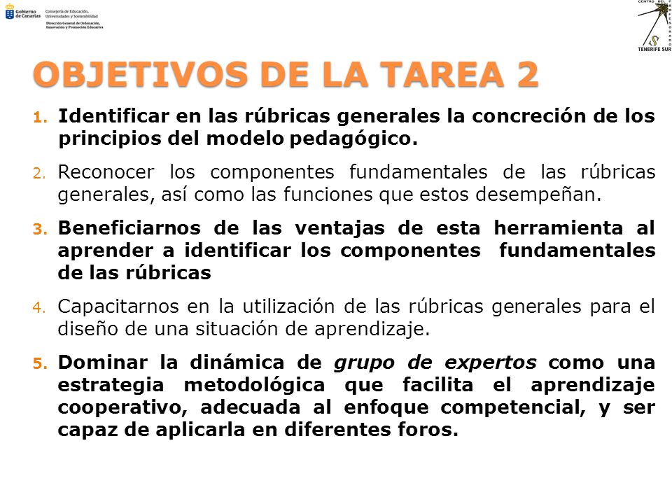 OBJETIVOS DE LA TAREA 2 Identificar en las rúbricas generales la concreción de los principios del modelo pedagógico.