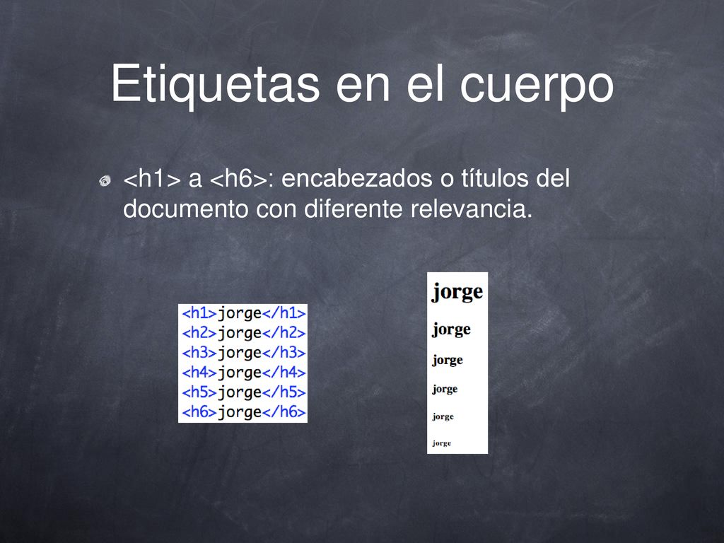 Etiquetas en el cuerpo <h1> a <h6>: encabezados o títulos del documento con diferente relevancia.