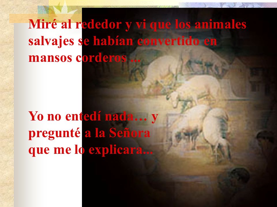 Miré al rededor y vi que los animales salvajes se habían convertido en mansos corderos ...