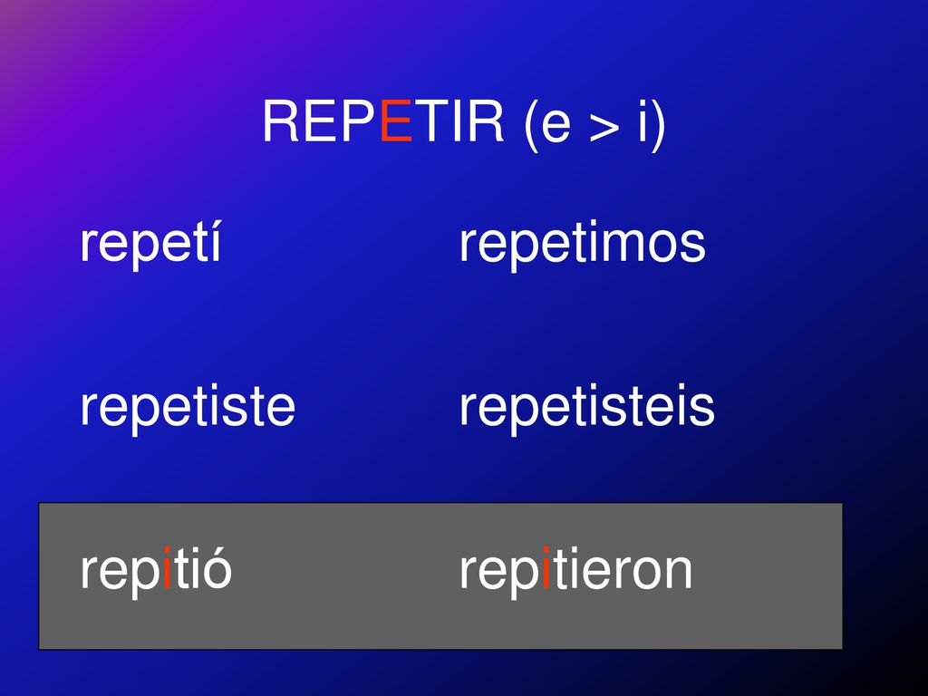 REPETIR (e > i) repetí repetiste repitió repetimos repetisteis repitieron