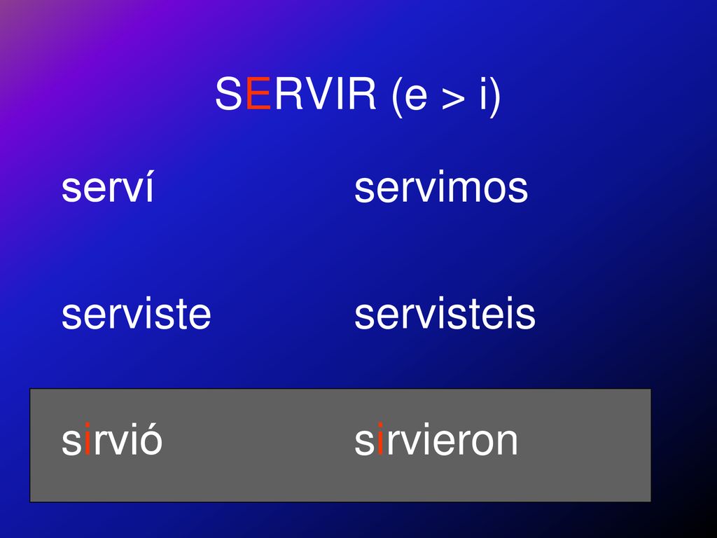 SERVIR (e > i) serví serviste sirvió servimos servisteis sirvieron