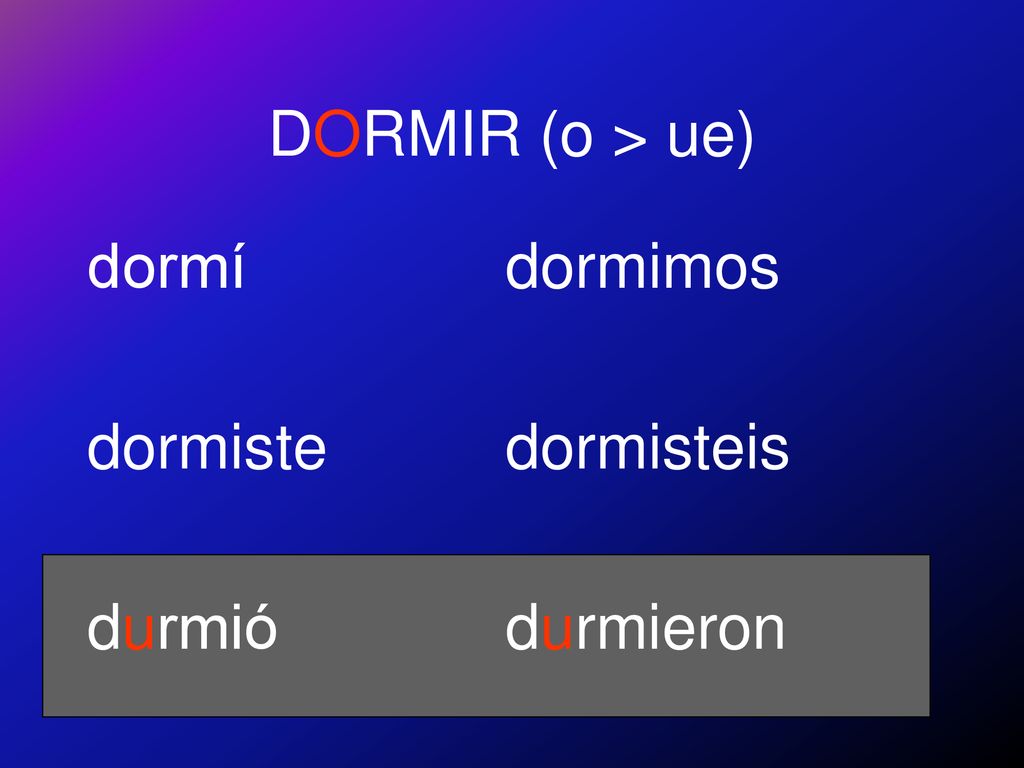 DORMIR (o > ue) dormí dormiste durmió dormimos dormisteis durmieron