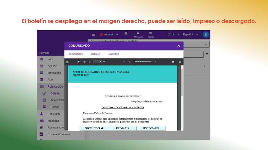 El boletín se despliega en el margen derecho, puede ser leído, impreso o descargado.
