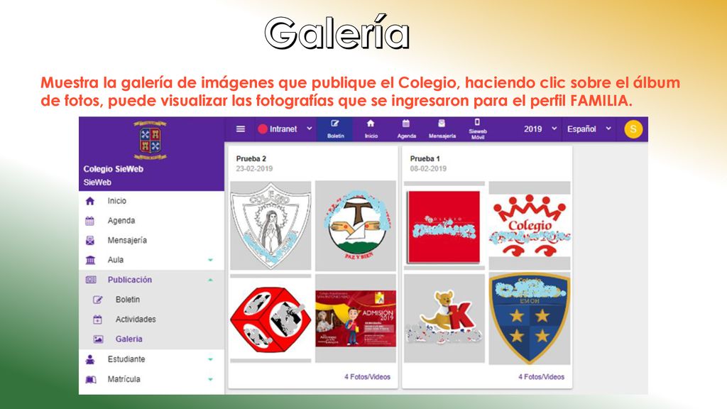 Galería Muestra la galería de imágenes que publique el Colegio, haciendo clic sobre el álbum.