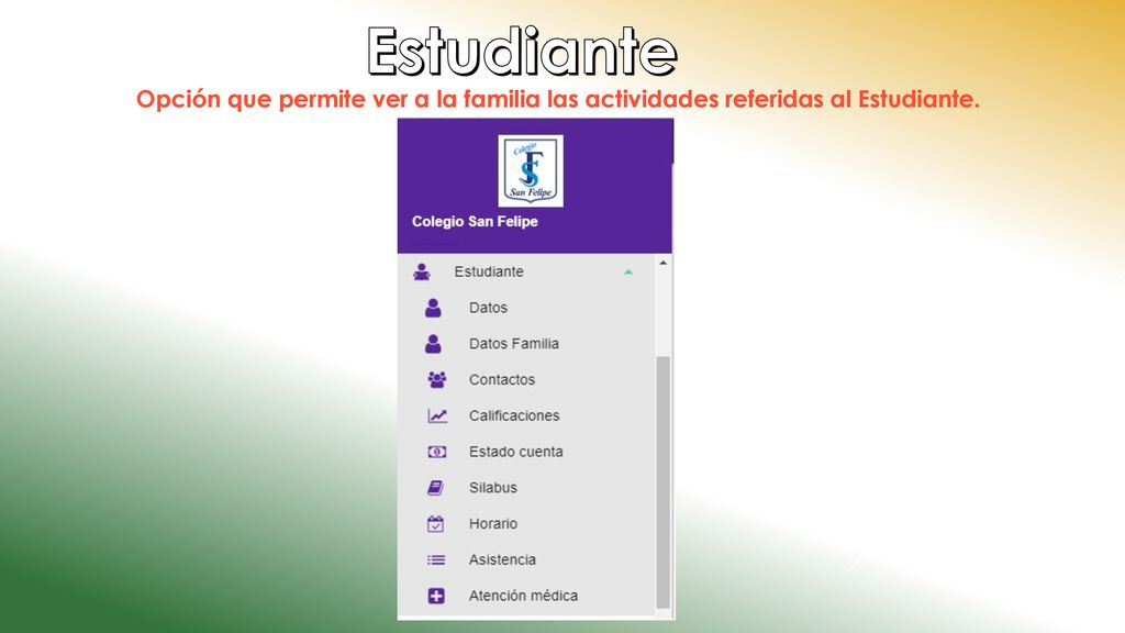 Estudiante Opción que permite ver a la familia las actividades referidas al Estudiante.