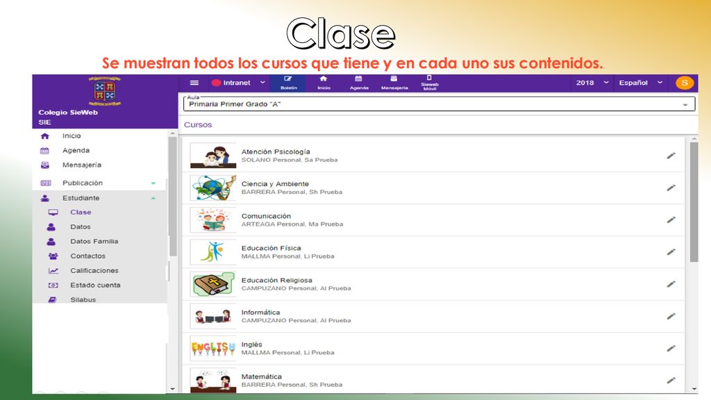 Clase Se muestran todos los cursos que tiene y en cada uno sus contenidos.