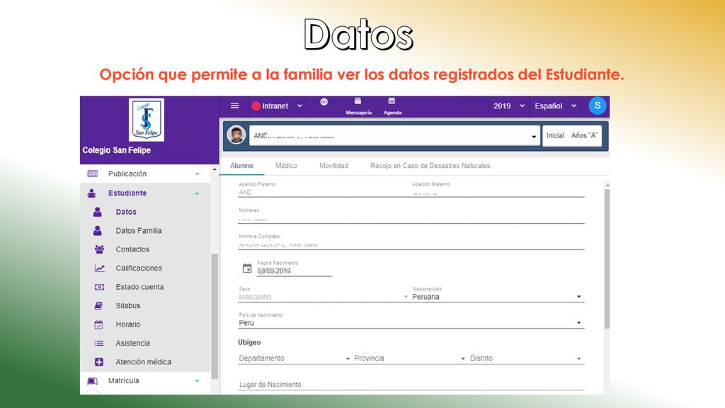 Datos Opción que permite a la familia ver los datos registrados del Estudiante.