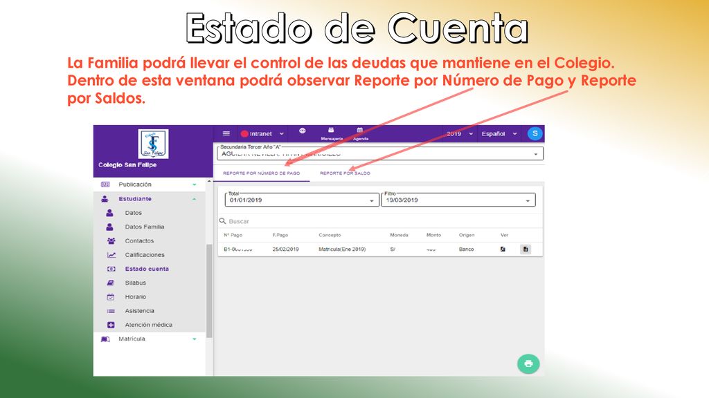 Estado de Cuenta La Familia podrá llevar el control de las deudas que mantiene en el Colegio.