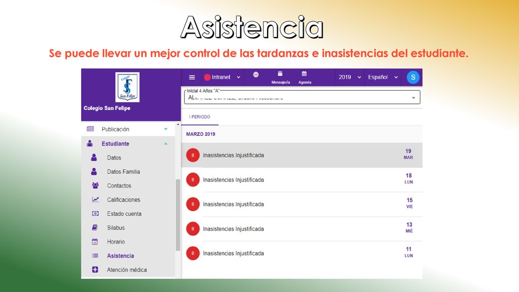 Asistencia Se puede llevar un mejor control de las tardanzas e inasistencias del estudiante.