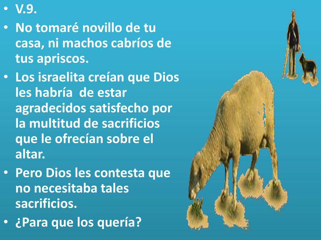 V.9. No tomaré novillo de tu casa, ni machos cabríos de tus apriscos.
