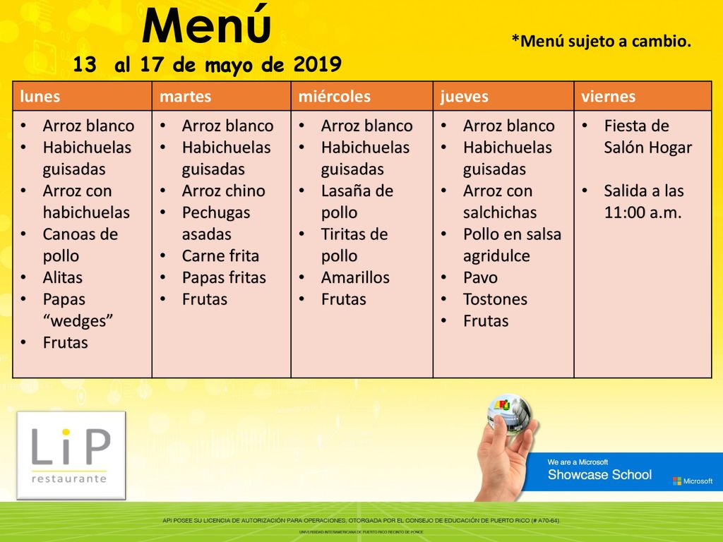 Menú 13 al 17 de mayo de 2019 *Menú sujeto a cambio. lunes martes