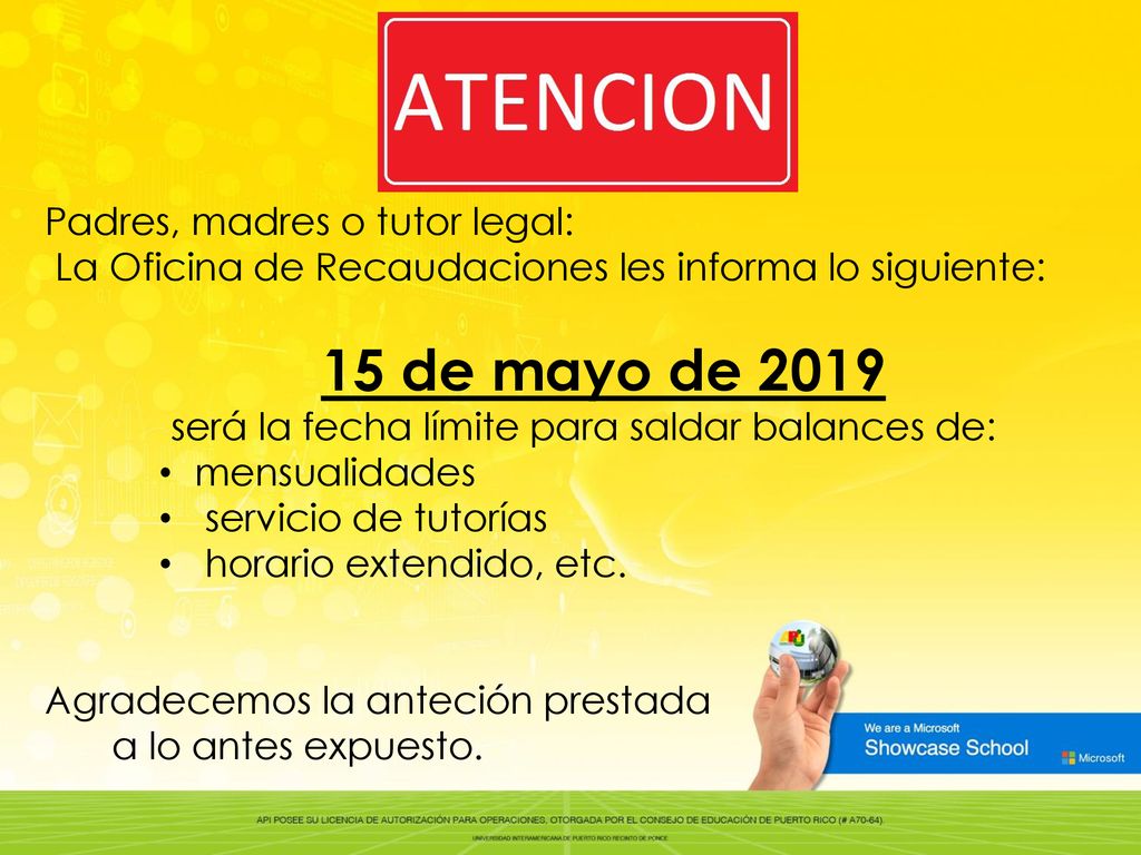 15 de mayo de 2019 Padres, madres o tutor legal: