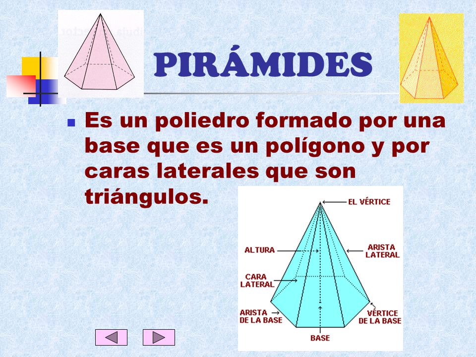 PIRÁMIDES Es un poliedro formado por una base que es un polígono y por caras laterales que son triángulos.