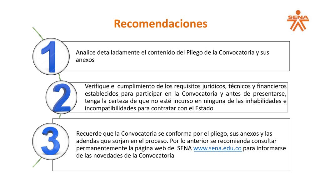Recomendaciones Analice detalladamente el contenido del Pliego de la Convocatoria y sus anexos.