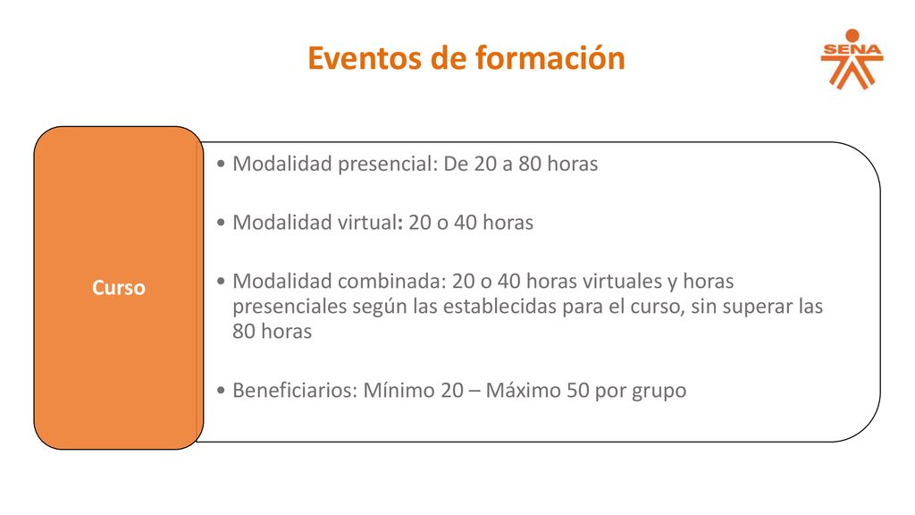 Eventos de formación Modalidad presencial: De 20 a 80 horas