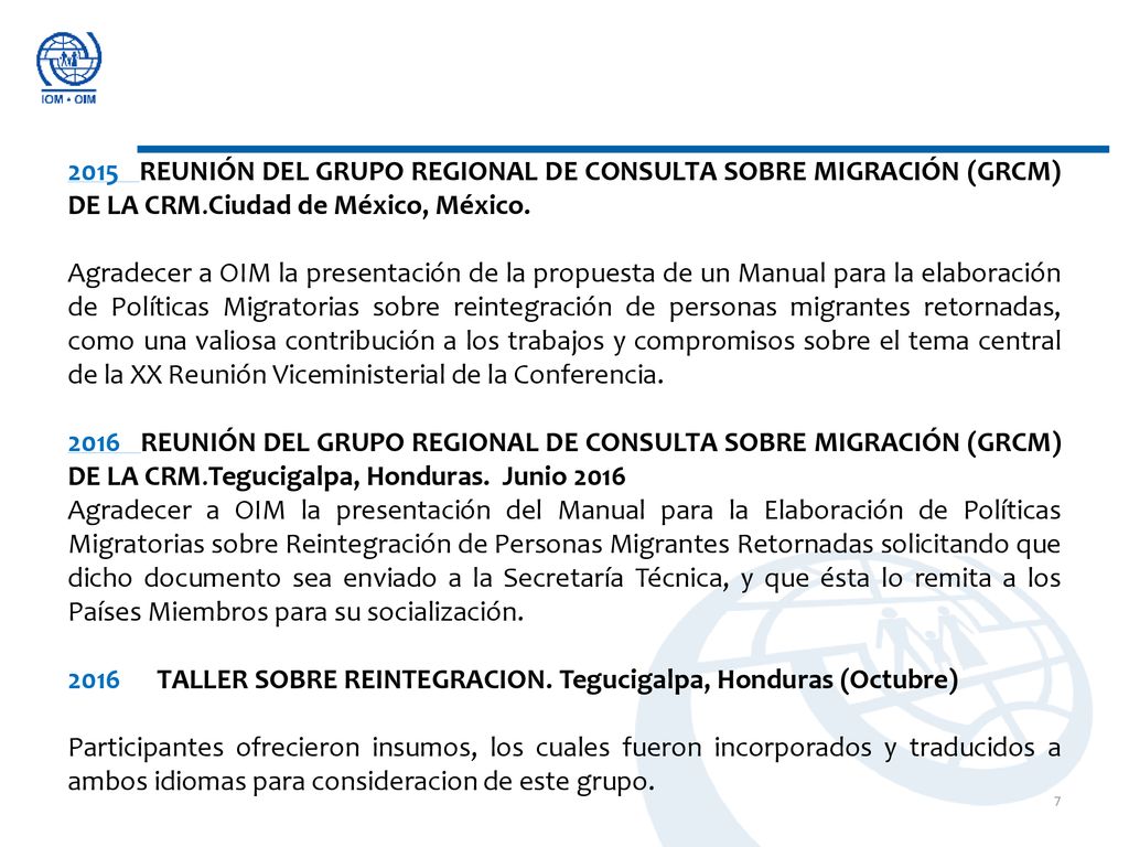 2015 REUNIÓN DEL GRUPO REGIONAL DE CONSULTA SOBRE MIGRACIÓN (GRCM) DE LA CRM.Ciudad de México, México.