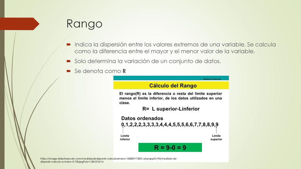 Rango Indica la dispersión entre los valores extremos de una variable. Se calcula como la diferencia entre el mayor y el menor valor de la variable.