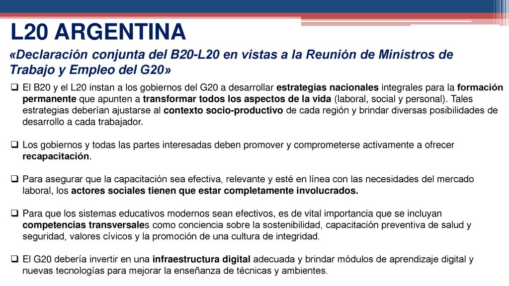 L20 ARGENTINA «Declaración conjunta del B20-L20 en vistas a la Reunión de Ministros de Trabajo y Empleo del G20»