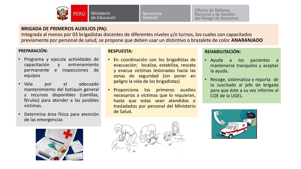 BRIGADA DE PRIMEROS AUXILIOS (PA): Integrada al menos por 03 brigadistas docentes de diferentes niveles y/o turnos, los cuales son capacitados previamente por personal de salud, se propone que deben usar un distintivo o brazalete de color ANARANJADO